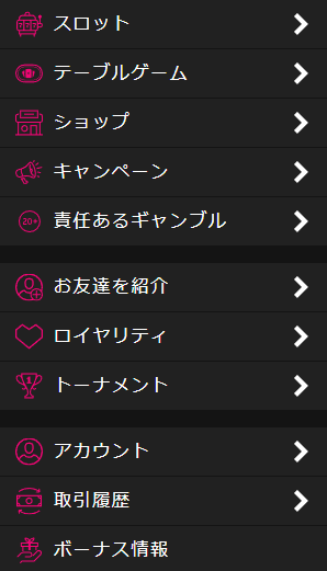 インターカジノ アカウントメニュー
